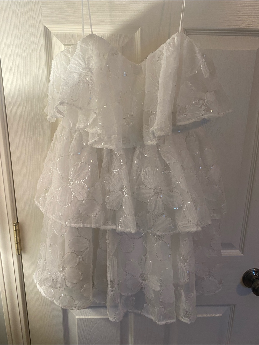 Strapless White Tiered Floral Sequin Dress